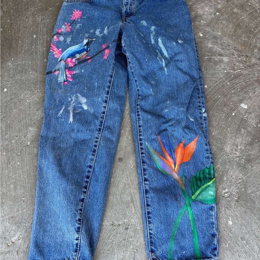 Y2K 90s Levis 550 Relaxed Fit Tapered Hand Painted Bee Birds Jeans 28x28